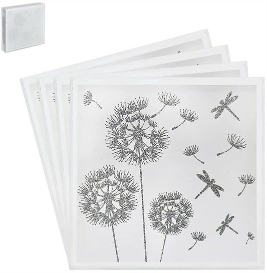 SET OF 4 GLASS SPARKLE BLING SILVER DRAGONFLY AND DANDELION COASTERS