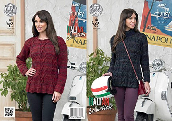 King Cole Ladies Venice Chunky Knitting Pattern Cable Detail Polo or V Neck Sweater Jumper (4307) - hanrattycraftsgifts.co.uk