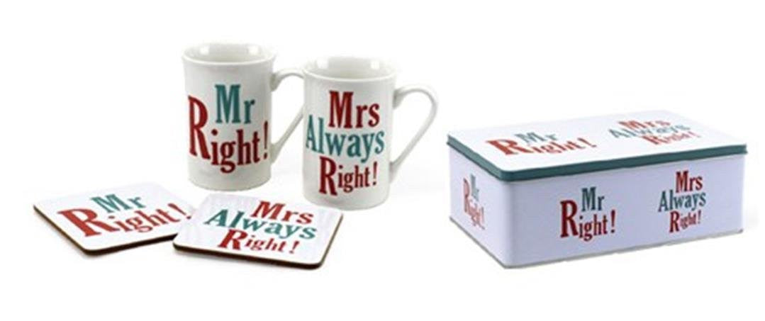 Mr Right & Mrs Always Right Mugs and Coasters Set in Gift Tin - hanrattycraftsgifts.co.uk