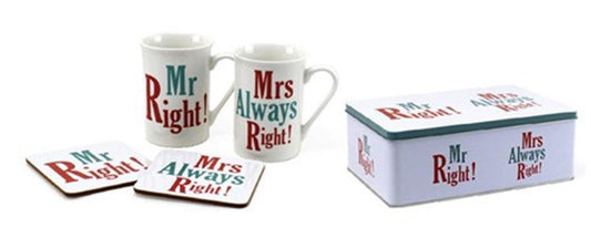 Mr Right & Mrs Always Right Mugs and Coasters Set in Gift Tin - hanrattycraftsgifts.co.uk