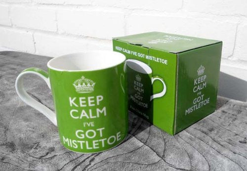 Christmas Mug - KEEP CALM I'VE GOT MISTLETOE - Green & White Fine China Mug Presented In A Gift Box - hanrattycraftsgifts.co.uk