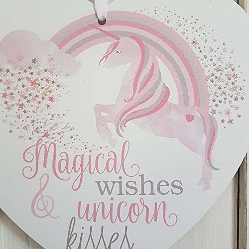 SET OF 2 MAGICAL WISHES AND UNICORN KISSES FILL YOUR DREAMS RAINBOW SPARKLY HEART PLAQUES - hanrattycraftsgifts.co.uk