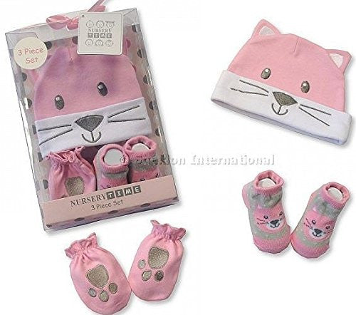 Very Cute Set for Baby - 0 to 6 months Hat, Mittens and Booties Blue Or Pink - hanrattycraftsgifts.co.uk