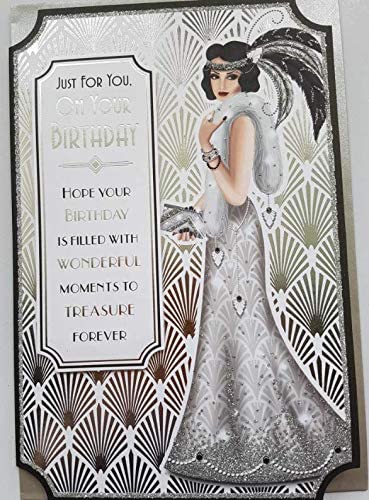 Art Deco 1920's Flapper Lady - Glittered Silver Birthday Card
