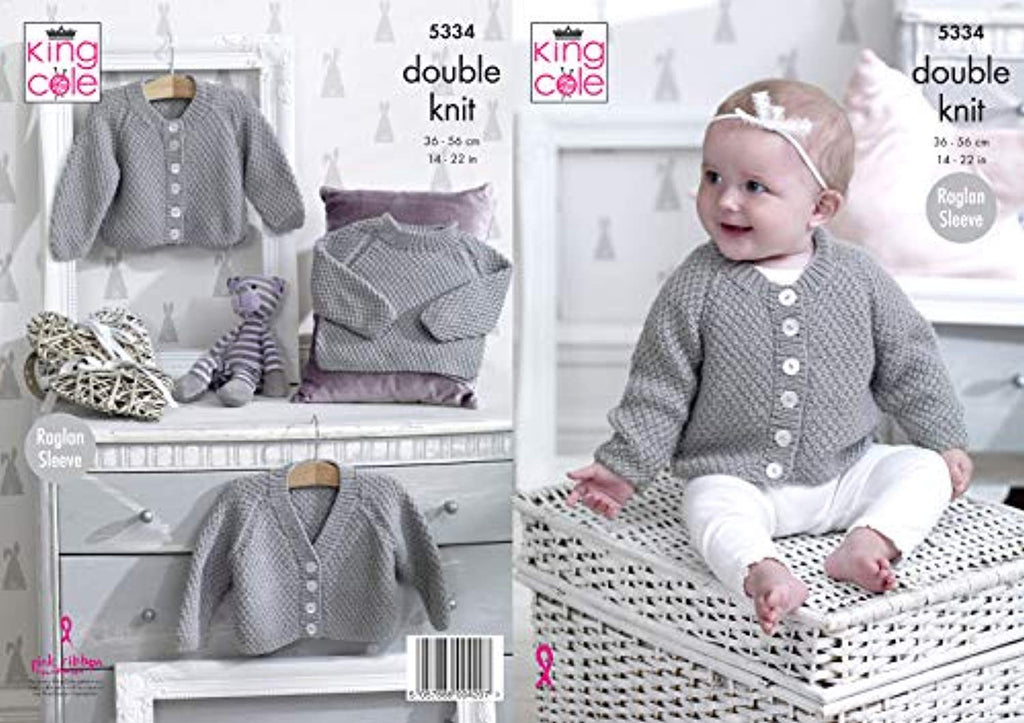 King Cole Baby Double Knitting Pattern Raglan Sleeve Cardigans & Sweater (5334) - hanrattycraftsgifts.co.uk