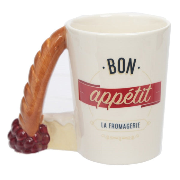 Ceramic Tea or Coffee Mug with Baguette Shaped Handle, Bon Appetit Slogan. Comes in a Gift Box - hanrattycraftsgifts.co.uk