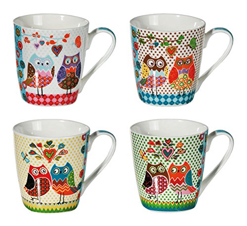 New Bone - 4 porcelain mugs, owl design, 8.5 x 9 cm; coffee/tea mug, coffee cup; - hanrattycraftsgifts.co.uk