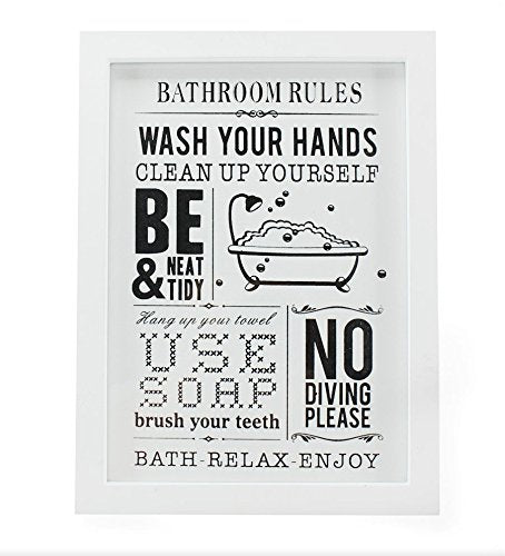 Bathroom Rules - White Wooden Framed picture - hanrattycraftsgifts.co.uk