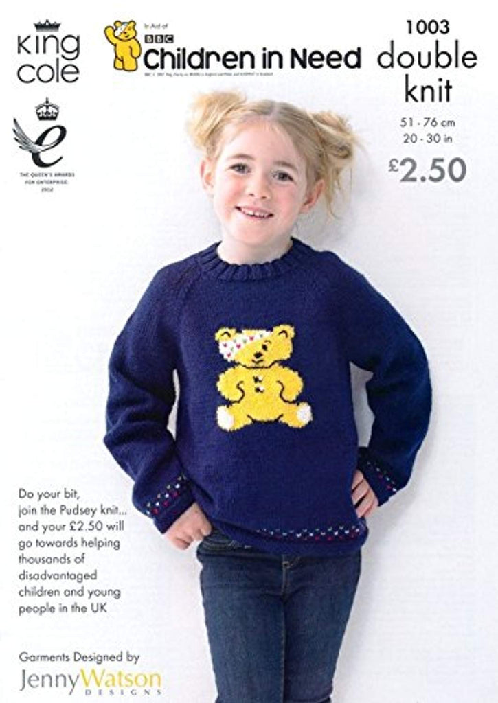 King Cole Children in Need Pudsey Bear Jacket and Cardigan Knitting Pattern 1003 - hanrattycraftsgifts.co.uk