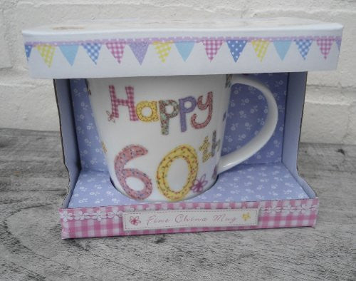 Fine China Mug - "Happy 60th" Presented in a Gift Box - Design by Abigail Mill - hanrattycraftsgifts.co.uk