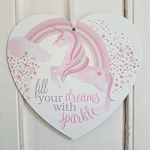 SET OF 2 MAGICAL WISHES AND UNICORN KISSES FILL YOUR DREAMS RAINBOW SPARKLY HEART PLAQUES - hanrattycraftsgifts.co.uk