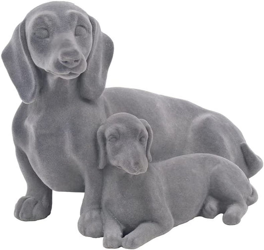 Grey Velvet Dachshund and Baby Pup Ornament Dog Puppy Velveteen Figurine