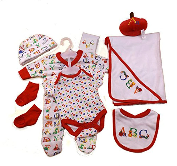 Baby Boy Girl 7 Piece ABC Layette Clothing Starter Gift Set & Apple Soft Toy n/b