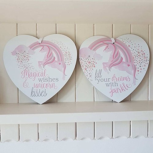 SET OF 2 MAGICAL WISHES AND UNICORN KISSES FILL YOUR DREAMS RAINBOW SPARKLY HEART PLAQUES - hanrattycraftsgifts.co.uk