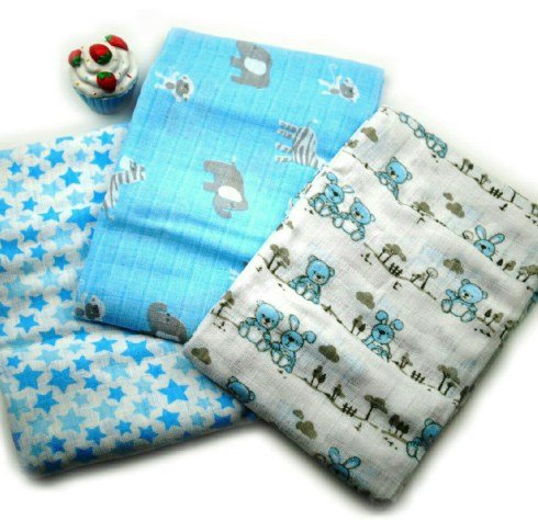 Baby Boy Patterned Muslin Squares (3 pack) - Blue - 75cm x 75cm - hanrattycraftsgifts.co.uk