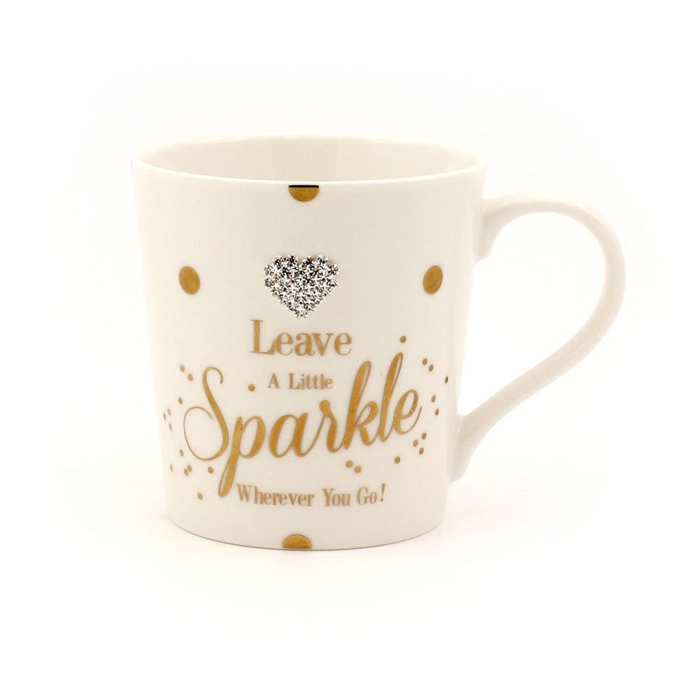 "Leave a Little Sparkle Wherever You Go" Diamante Love Heart White & Gold Fun Dotty Novelty Fine China Mug with Presentation Box - hanrattycraftsgifts.co.uk