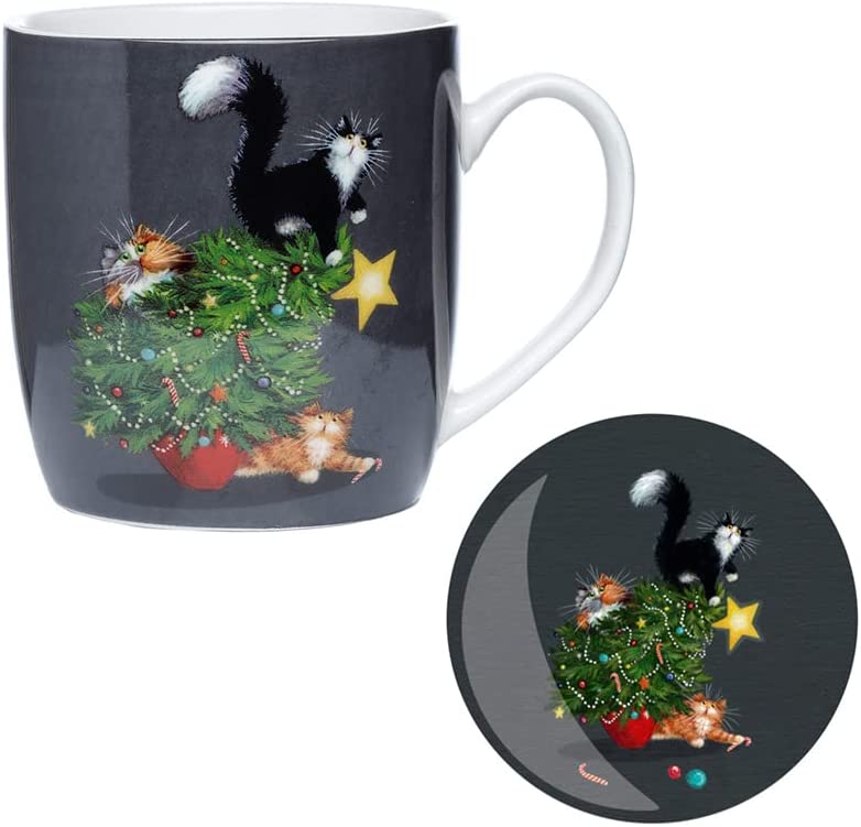 Puckator XMUGC24 Kim Haskins Christmas Tree Catastrophe Cats Porcelain Mug and Coaster Set