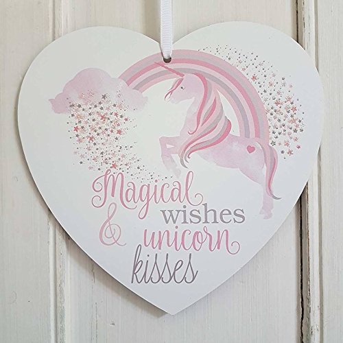 SET OF 2 MAGICAL WISHES AND UNICORN KISSES FILL YOUR DREAMS RAINBOW SPARKLY HEART PLAQUES - hanrattycraftsgifts.co.uk