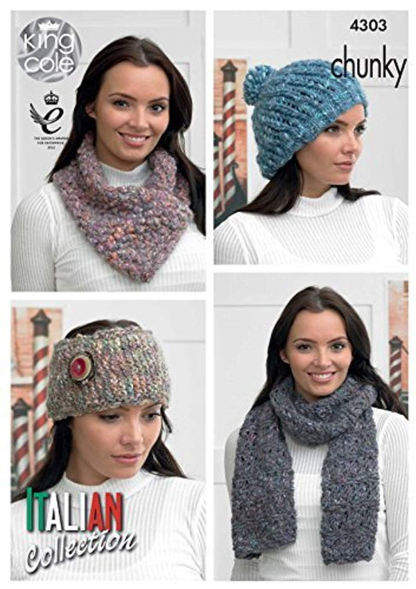King Cole Ladies Verona Chunky Knitting Pattern Womens Hat, Scarf, Headband and Neck Scarf (4303) by King Cole - hanrattycraftsgifts.co.uk