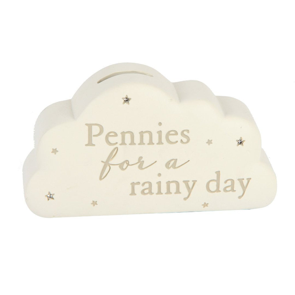 Bambino Baby Resin Cloud Shape Money Box Pennies for a Rainy Day - hanrattycraftsgifts.co.uk