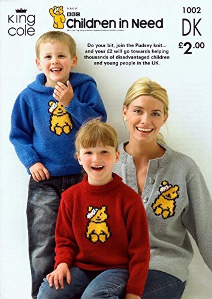 King Cole Children in Need Pudsey Bear Sweater & Cardigan Knitting Pattern 1002 DK - hanrattycraftsgifts.co.uk