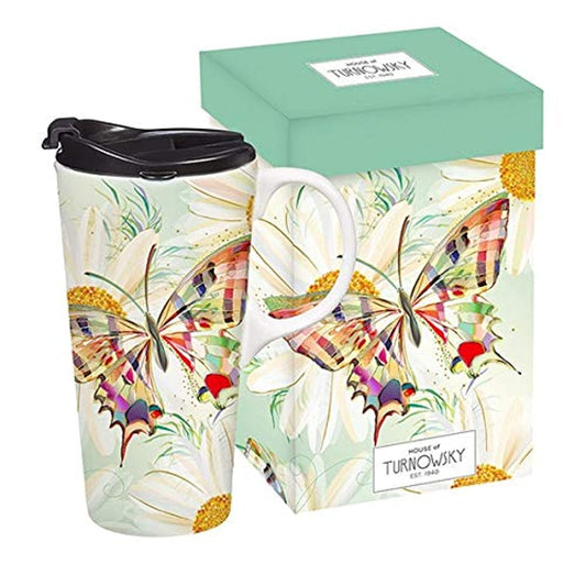 Turnowsky Mint Green Daisy Butterfly Ceramic Travel Mug with Handle