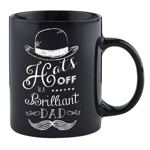 "Hats Off to a Brilliant Dad!" Dad Themed Black and White Novelty Sentimental Mug with Presentation Box - hanrattycraftsgifts.co.uk