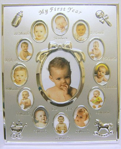 Silver Colour 'My First Year' Baby Multi-Photo Frame holds 13 Photos - hanrattycraftsgifts.co.uk