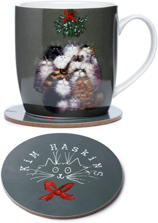 Puckator XMUGC25 Kim Haskins 12 Cats of Christmas Porcelain Mug & Coaster Set