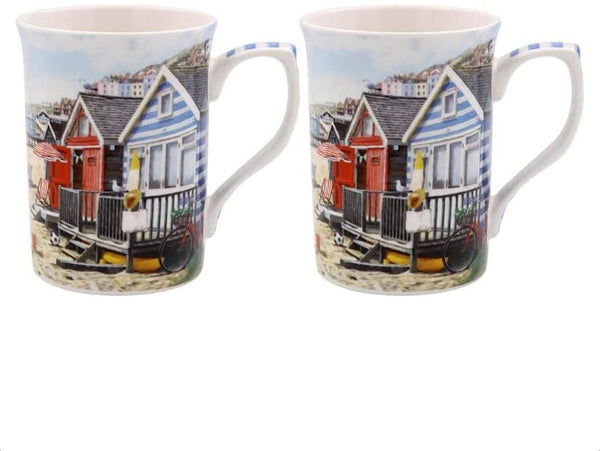 The Leonardo Collection LP94781 Sandy Bay Seaside Beach Huts Mugs (Set of 2), Fine China, Boxed