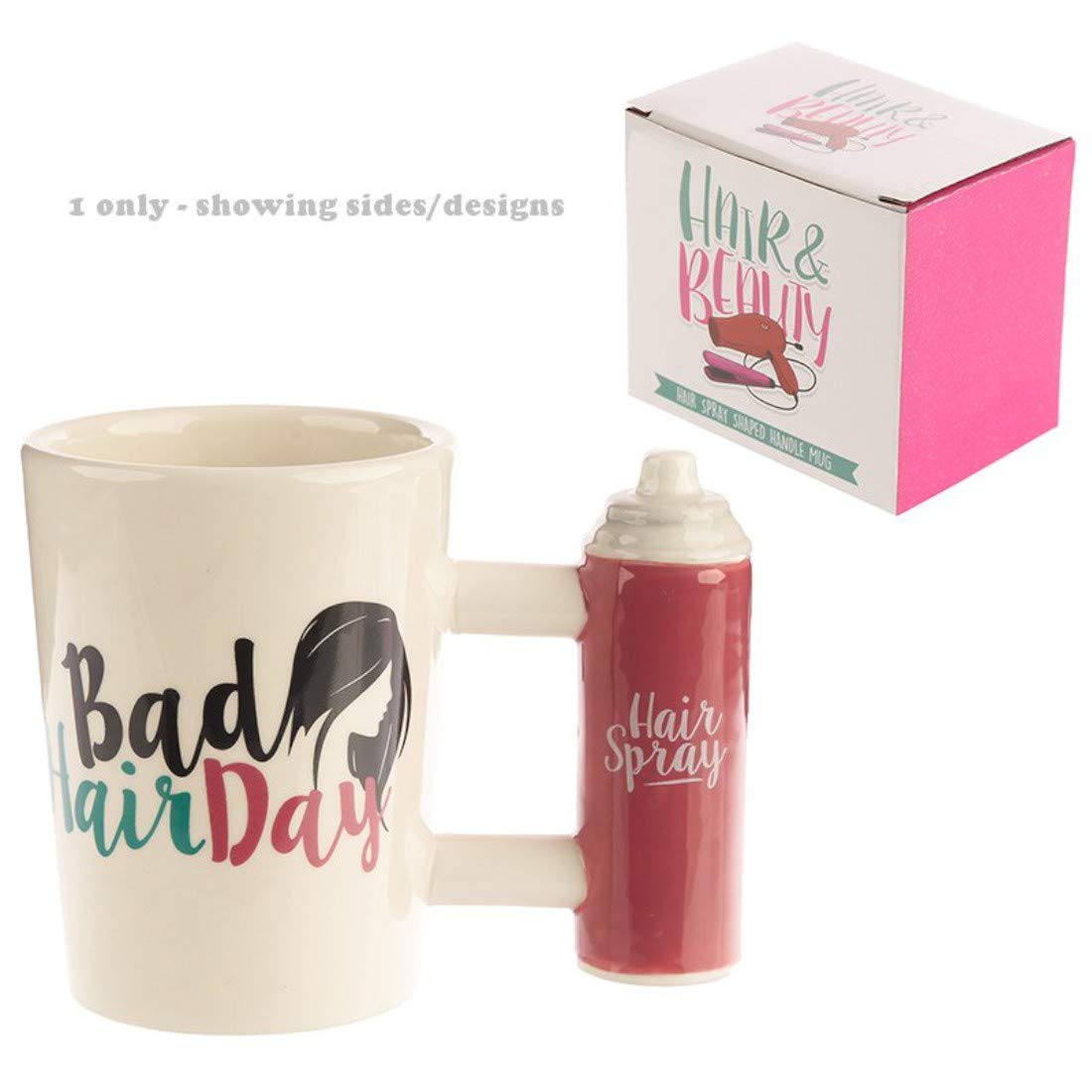 Ceramic Shaped Handle Hair Spray Mug with Bad Hair Day Decal - hanrattycraftsgifts.co.uk
