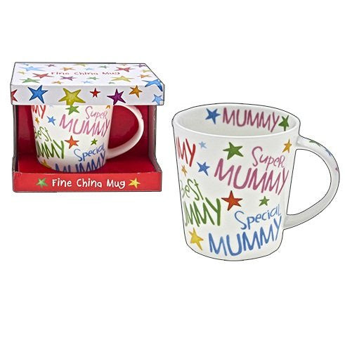 Rainbow coloured 'Mummy' fine china gift mug - hanrattycraftsgifts.co.uk