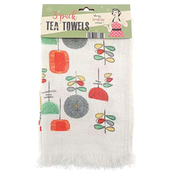 Pack of 3 Kitchen Tea Towels Vintage Cup of Tea Designs Fringed Ends