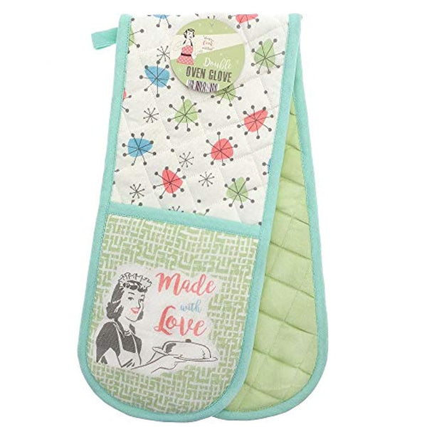Vintage Style 100% Cotton Made with Love Double Kitchen Oven Glove - Green (90 x 18cm)