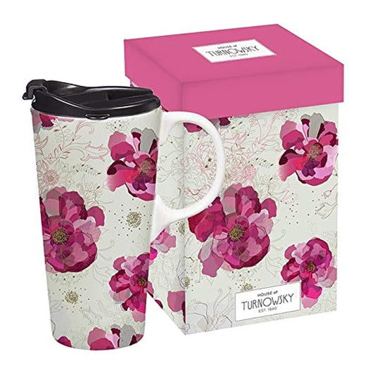 Turnowsky Pink Peony Travel Mug Ceramic with Handle