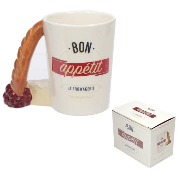 Ceramic Tea or Coffee Mug with Baguette Shaped Handle, Bon Appetit Slogan. Comes in a Gift Box - hanrattycraftsgifts.co.uk