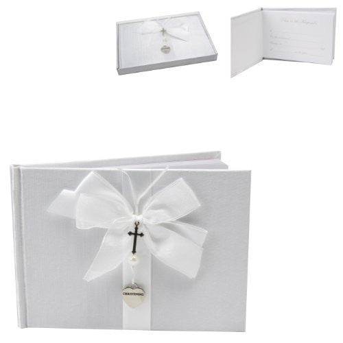 White Christening Guest Book - Silver Cross and Heart Charm - hanrattycraftsgifts.co.uk