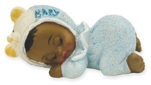 CAKE TOPPER RESIN SLEEPING BLACK BABY BOY IN BLUE FROM CLUB GREEN - hanrattycraftsgifts.co.uk
