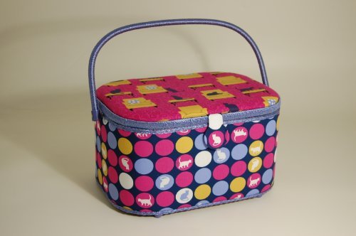 Sewing Basket - large, rounded shape- single handle. Pink background with cats on chairs on the fabric - hanrattycraftsgifts.co.uk