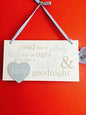 Blue Read me a story tuck me in tight give me a cuddle and kiss me goodnight wooden hanging plaque - hanrattycraftsgifts.co.uk
