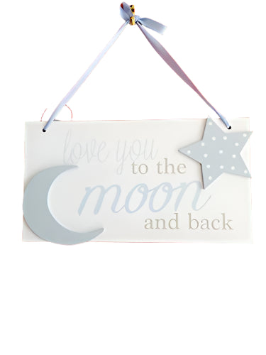 Blue I love you to the moon and back wooden hanging plaque - hanrattycraftsgifts.co.uk