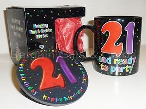 Funky Mugs Black 21st Birthday Mug And Coaster Gift Set - hanrattycraftsgifts.co.uk