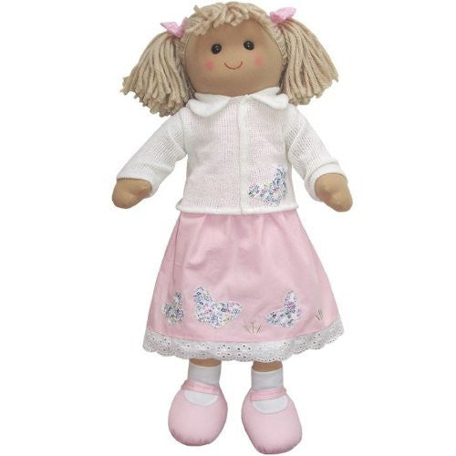 Large Rag Doll with White Cardigan and Pink Dress with Applique Butterflies - hanrattycraftsgifts.co.uk