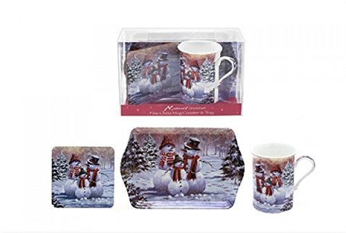 CHRISTMAS/XMAS SNOWMAN FINE BONE CHINA MUG COASTER & TRAY SET NEW - hanrattycraftsgifts.co.uk