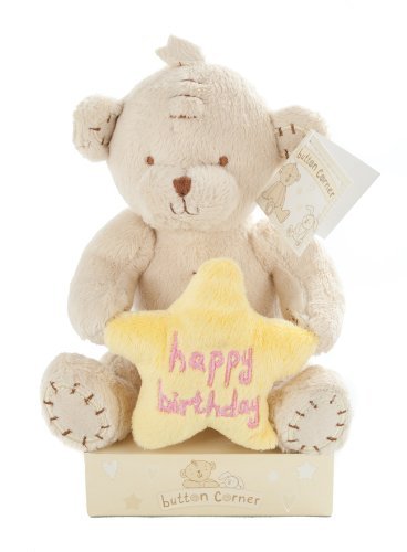 Button Corner - 7" Plush Bear Holding A Yellow Star Saying Happy Birthday - hanrattycraftsgifts.co.uk