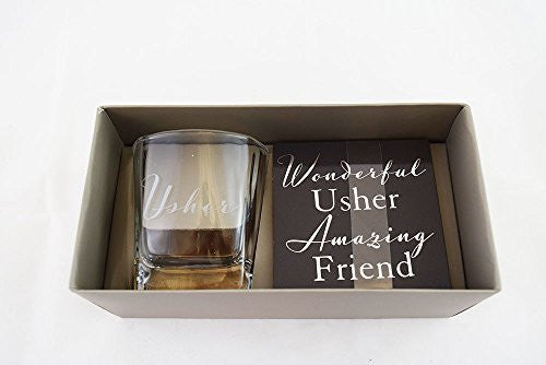 Usher Whiskey Glass & Coaster Gift Set Wedding Day Favour From Groom Present Set - hanrattycraftsgifts.co.uk