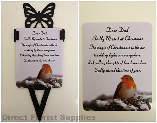 Dear Dad Christmas Robin Memorial Card, Graveside Tribute Garden Spike with Butterfly - hanrattycraftsgifts.co.uk