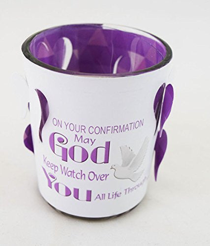 Confirmation Tea Light Candle Holder White Purple Angel Religious Blessing Gift - hanrattycraftsgifts.co.uk
