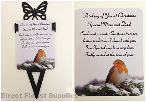 Special Mum And Dad Christmas Robin Memorial Card, Graveside Tribute Garden Spike with Butterfly - hanrattycraftsgifts.co.uk