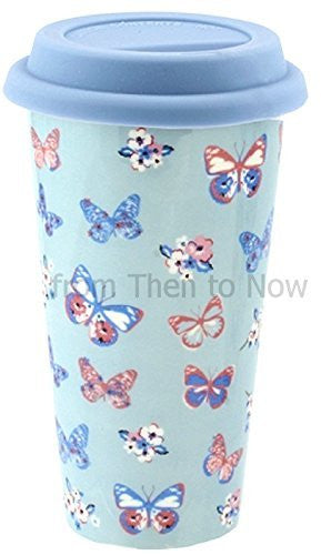 Insulated Double Walled Travel Mug Ceramic Vintage Butterfly (Duck Egg Blue) - hanrattycraftsgifts.co.uk